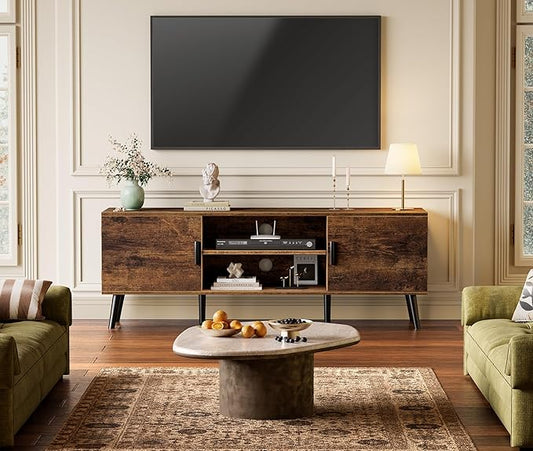 SUPERJARE TV Stand for 55 Inch TV, Entertainment Center with Adjustable Shelf, 2 Cabinets, TV Console Table, Media Console, Solid Wood Feet, Cord Holes, for Living Room, Bedroom, Rustic Brown