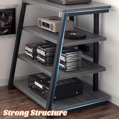 Besiost AV Media Stand with Outlets, Media Console with LED Lights, Stereo Racks and Stands with Storage Shelves, Media Audio Tower Stand, Light Grey Walnut