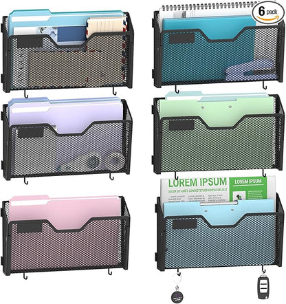 SUPEASY 6 Single Mail Organizer Wall Mounted, Wall File Organizer, Hanging File Organizer with Hooks, Mail Oganizer Binder Holder for Home Office (with 14 Adhesive Hooks)