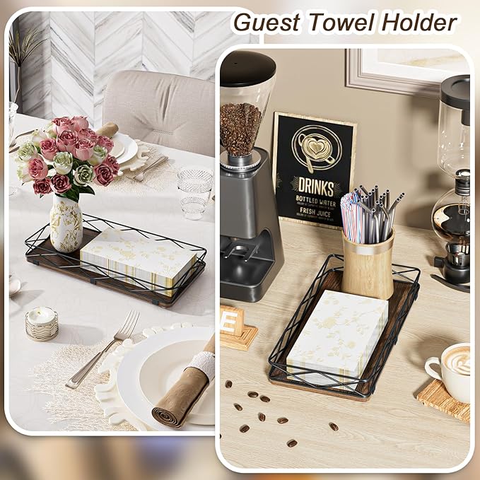 Toilet Paper Basket Holder, 13" Bathroom Tray Countertop, Wood and Metal Toilet Tank Tray Bathroom Vanity Organizer for Toiletry, Kitchen Sink Organizer for Soap Dispenser (Brown+Black)