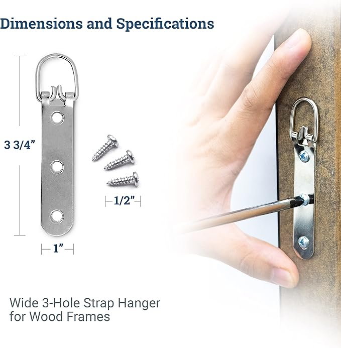 PHS Heavy Duty D Ring Picture Hangers - 30 Pack Large Strap Hangers for Picture Hanging - 3 Hole D Rings with Screws - 50 Pound Load Capacity