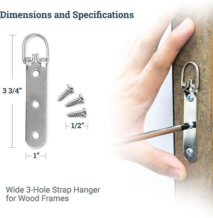 PHS Heavy Duty D Ring Picture Hangers - 30 Pack Large Strap Hangers for Picture Hanging - 3 Hole D Rings with Screws - 50 Pound Load Capacity