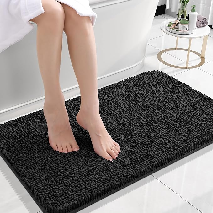 OLANLY Small Bathroom Rugs 24x16, Extra Soft Absorbent Chenille Bath Rugs, Rubber Backing Quick Dry, Machine Washable Bath Mats for Bathroom Floor, Tub and Shower, Home Decor Accessories, Black