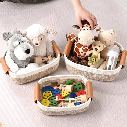 Storage Baskets for Organizing, Small Woven Basket Set of 6-4 Shelf Basket with Leather Handle and 2 Small Gift Baskets, Cotton Rope Basket for Shelves, Nursery, Dog Toy, Bathroom