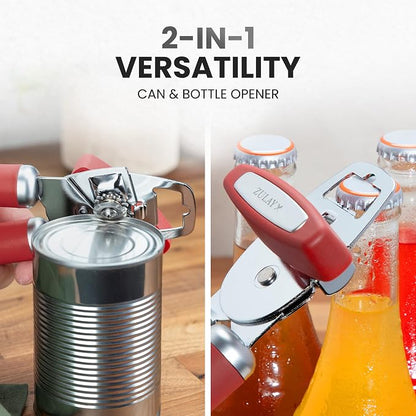 Zulay Kitchen Heavy Duty Stainless Steel Can Opener Manual with Bottle Opener - Rust Proof Manual Can Opener With Turn Knob & Comfy Soft Grip Handles - Red