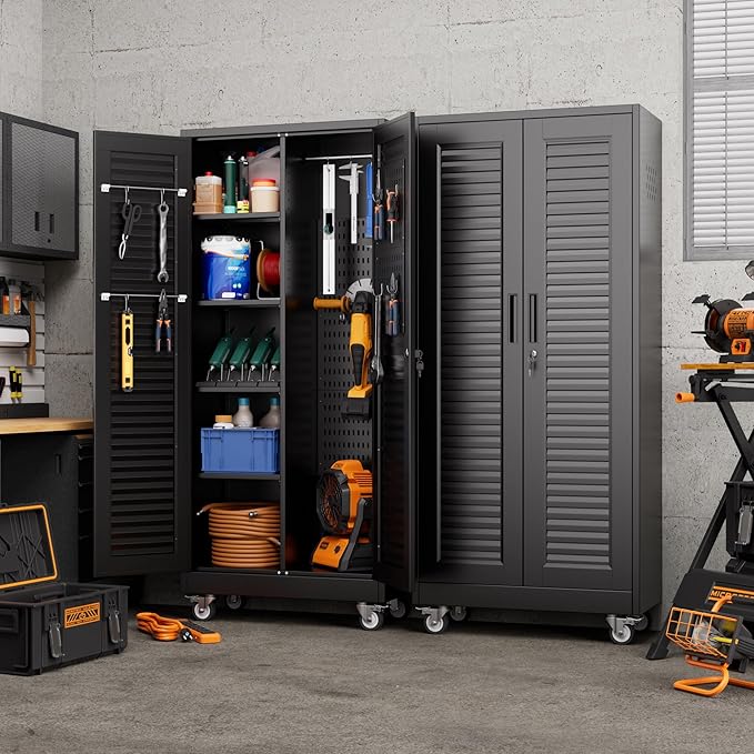 Aobabo Broom Closet Storage Cabinet,Lockable Garage Storage Cabinet with 4 Adjuatable Shelves,Required Assembly,Black,70.87''H*31.5''W*15.75''D