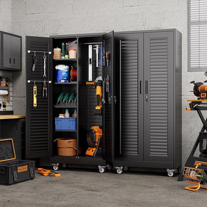 Aobabo Broom Closet Storage Cabinet,Lockable Garage Storage Cabinet with 4 Adjuatable Shelves,Required Assembly,Black,70.87''H*31.5''W*15.75''D