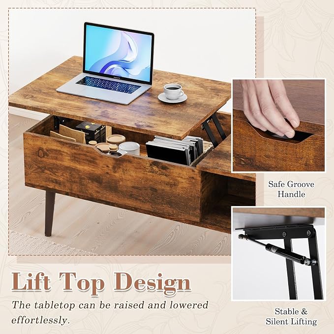 OLIXIS Wood Coffee Table Lift Top Coffee Tables for Living Room Office, Small Rising Wooden Center Tables with Large Storage Shelf and Hidden Compartment, Rust Brown