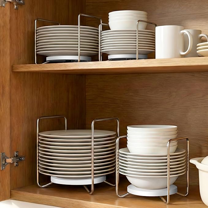Adjustable Dish Rack for Kitchen Counter - Bamboo Plate Holder Organizer for Cabinet Wooden Bowl Organizer Stainless Steel Plate Stand Storage for Kitchen Drawer Countertop Cupboard Shelf RV