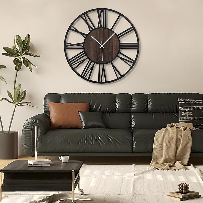 LEIKE Large Wall Clocks,Silent,Non Ticking,Battery Operated Small Vintage Round Modern Wood Wall Clock for Living Room, Bedroom,Kitchen,Farmhouse,Office Decor-13.5 Inch(Black-Roman Numerals)