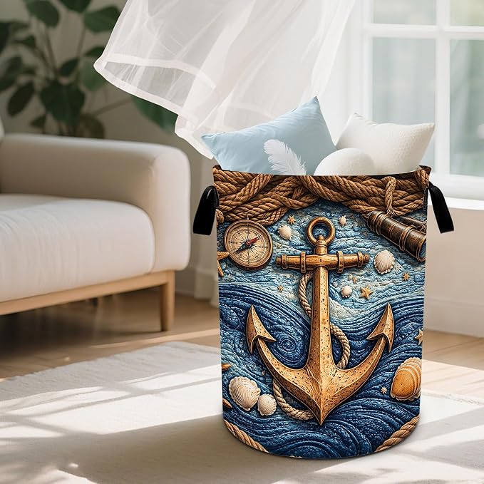 Nautical Laundry Basket Waterproof Laundry Hamper Foldable Laundry Bag with Handles for Bedroom, Bathroom, Office, Clothes Storage