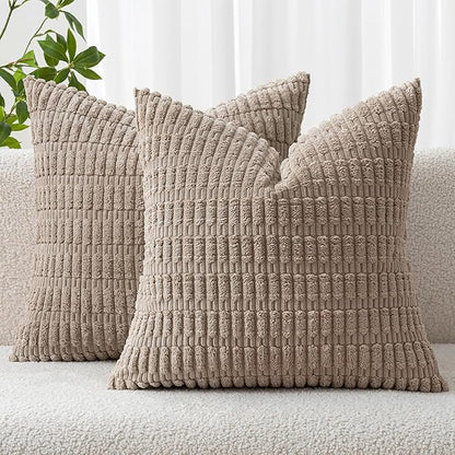 MIULEE Pack of 2 Corduroy Decorative Euro Sham Throw Pillow Covers 26x26 Inch Soft Boho Striped Pillow Covers Modern Farmhouse Home Decor for Sofa Living Room Couch Bed Light Brown