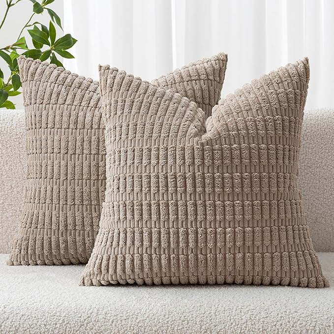 MIULEE Pack of 2 Corduroy Decorative Throw Pillow Covers 12x12 Inch Soft Boho Striped Pillow Covers Modern Farmhouse Home Decor for Sofa Living Room Couch Bed Light Brown