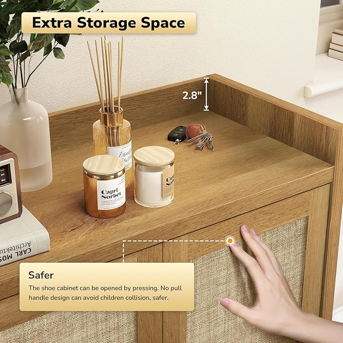 Boho 2 Doors Shoe Storage Cabinet for Entryway, Farmhouse Wooden Shoe Organizer for Front Door Entrance Hallway, Zapatero Organizador Rattan Shoes Cabinet (Oak, 2 Doors, 2 PCS)