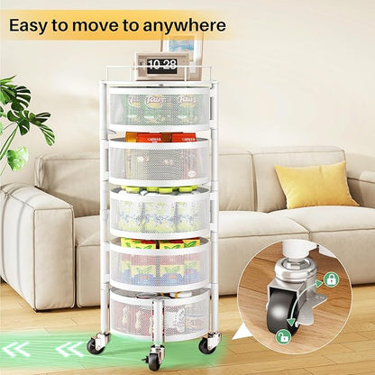 SNTD Fruit and Vegetable Basket Bowls for Kitchen with Metal Top Lid, 5 Tier Rotating Storage Rack Cart for Potato Onion Banana, Wire Basket Organizer on Wheels, Large (White)