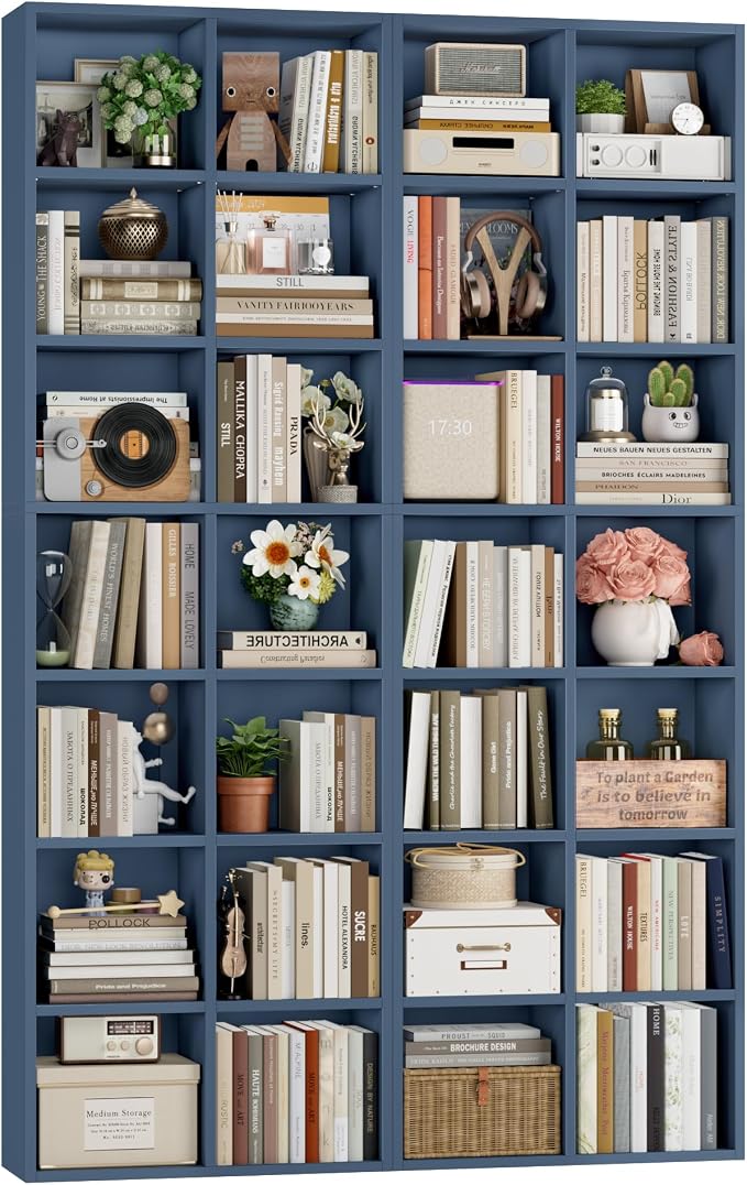 FOTOSOK 71'' Tall Bookshelf Set of 2, 7 Tier Large Bookshelf with Adjustable Shelves, Wide Bookcases and Bookshelf, DVD/CD Media Tower Storage, Cube Book Shelf Display Storage Cabinet, Blue
