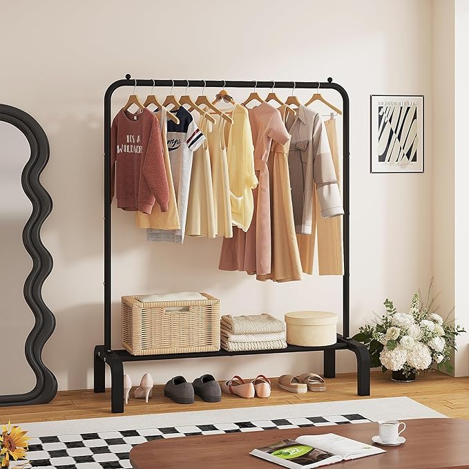JIUYOTREE Standard Clothes Clothing Garment Rack with Storage Shelves Clothes Organizer for Hanging Clothes Coat Jacket Shirt Sweater Jeans Black