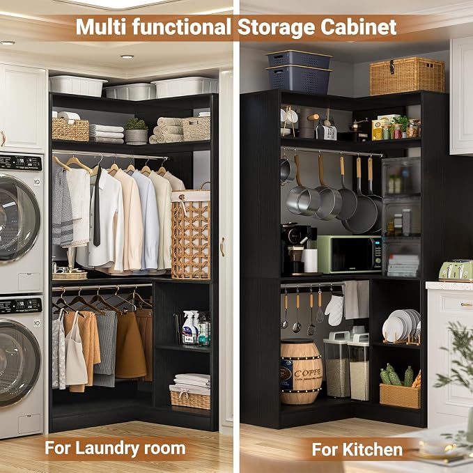 Aheaplus Corner Closet System with Shelves, Closet Organizer System with Hanging Rods, Wood Walk-in Closets for Corner Small Space, L Shaped Garment Rack, -B3, Black