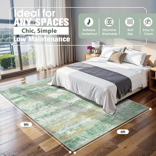 6x9 Area Rugs for Living Room Rug Washable: Abstract Rug for Dining Room Bedroom Carpet Non Slip 6 by 9 Indoor Modern Nursery Home Office Green