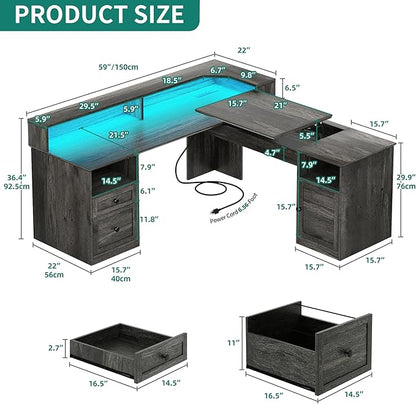 YITAHOME L Shaped Desk with Power Outlets & LED Lights, 60" Corner Computer Desk with Drawers & Lift Top, Home Office Desk with Monitor Stand & File Cabinet, Wood Height Adjustable Desk, Grey