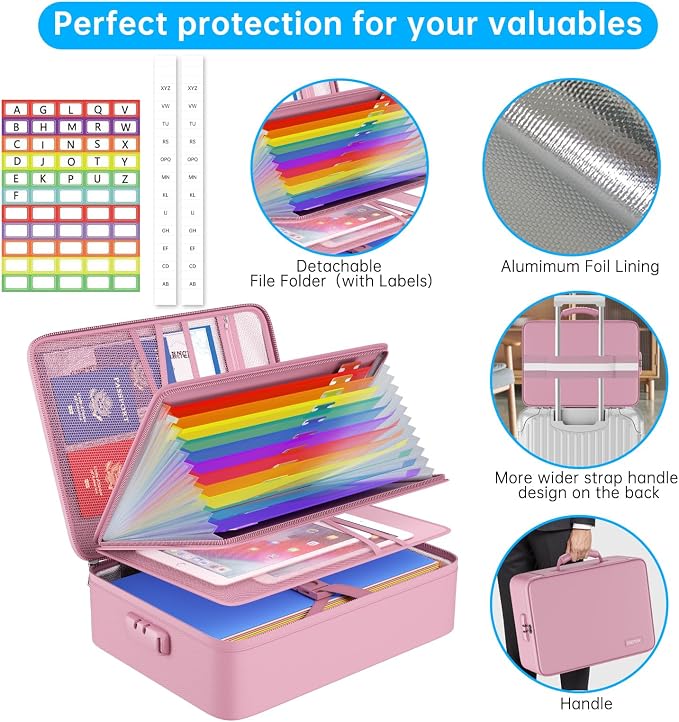 ENGPOW Fireproof File Organizer Bag with 13 Colorful Pockets Accordion File Folder,5200℉ Document Organizer Box with Lock&Labels,Multi-Layer Portable Home Safe Storage for Important Documents,Pink