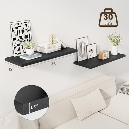 Dreamland 36" Floating Shelves for Wall, 12" Deep Slim Black Floating Shelves, Wall-Mounted Shelves for Bedroom, Living Room, Kitchen, Bathroom - Set of 2