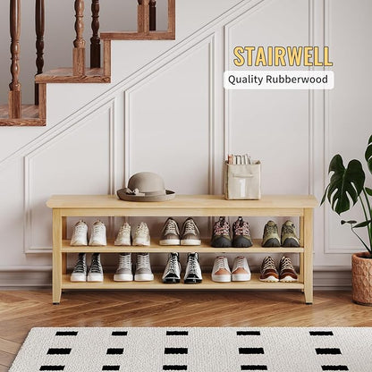 Wood Shoe Bench for Entryway,Bench with Shoe Rack,Storage Shoe Organizer for Hallway,Living Room,Bedroom (Natural, 47.24''W×11.81‘’D×17.71‘’H)