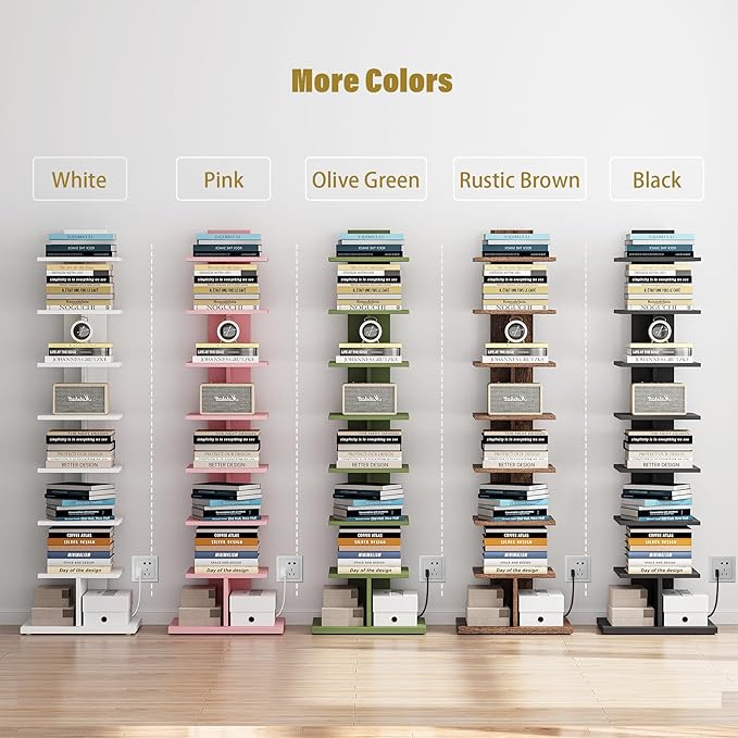 TUTOTAK Narrow Bookshelf, 8-Tier Bookcase with LED Lights, Spine Book Shelf for Small Space, Corner Standing Shelf for Living Room, Office, Study, Entryway, White BS06BW008L