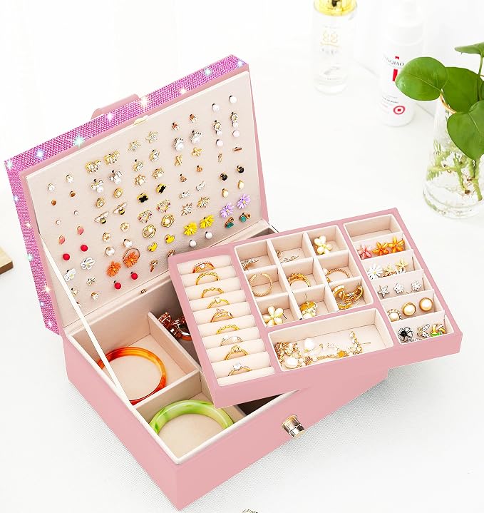 QBestry Jewelry Box for Earrings for Girls Jewelry Organizer Box Earring Holder Organizer for Girl Earring Box Jewelry Box Stud Earring Organizer for Girls Earring Jewelry Boxes for Women Pink Bling