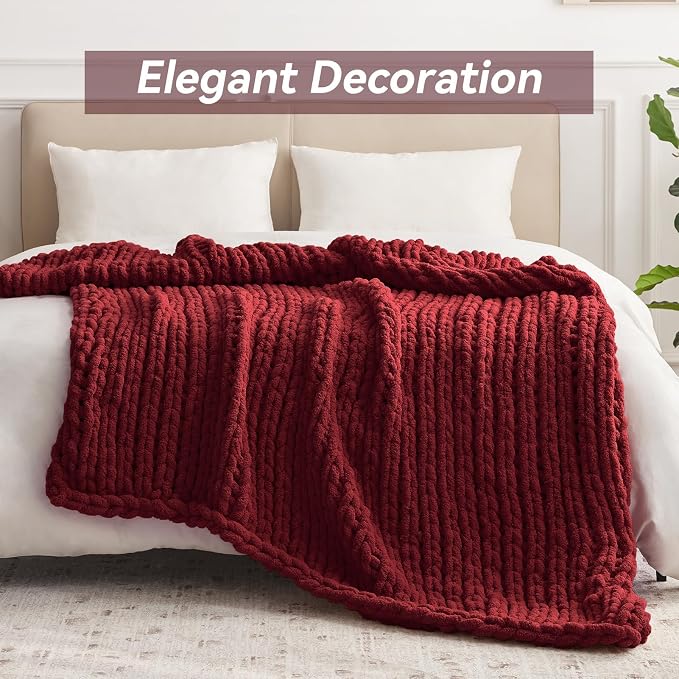 Negwoo Chunky Knit Throw Blanket, 60''*80'' Knitted Throw Chenille Yarn for Bed Couch, Handmade Red Crochet Big Thick Blanket, Machine Washable Cute Comfy Blanket for Home Decor