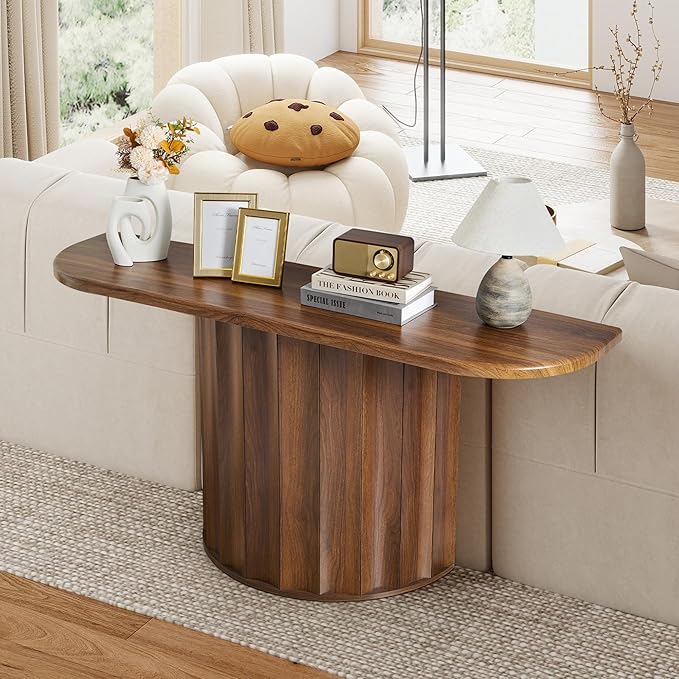 Fluted Console Table, 59'' Narrow Wooden Sofa Tables Behind Couch, Modern Entryway Table with Storage Curved Accent Table for Hallway, Living Room, Entrance, Foyer (Walnut)