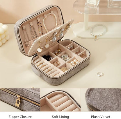 CASEGRACE Plush Velvet Travel Jewelry Box, Portable Jewelry Case for Women Girls, Double Layer Jewelry Organizer Display Box for Necklace Earring Rings Bracelet, Travel Accessory Gifts, Grey