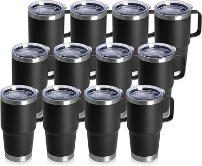 20oz Tumbler Bulk with Lid, Stainless Steel Tumbler Bulk with Handle, Metal Insulated Travel Coffee Mug Set with Handle, Double Wall Vacuum Leak Proof Tumbler Cup, Black 12 Pack