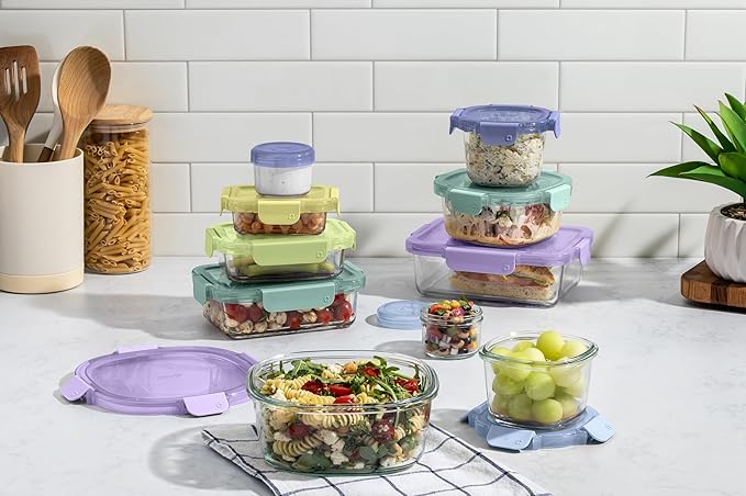 Ello Color Lock Glass Meal Prep Sets Leak-Proof Glass Food Storage Containers with Airtight BPA-Free Plastic Lids, Dishwasher, Microwave, and Freezer Safe