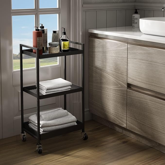 3-Tier Metal Utility Rolling Cart, Heavy Duty Multifunction Rectangular Cart with Lockable Casters, Easy to Assemble, Suitable for Office, Bathroom, Kitchen - Black