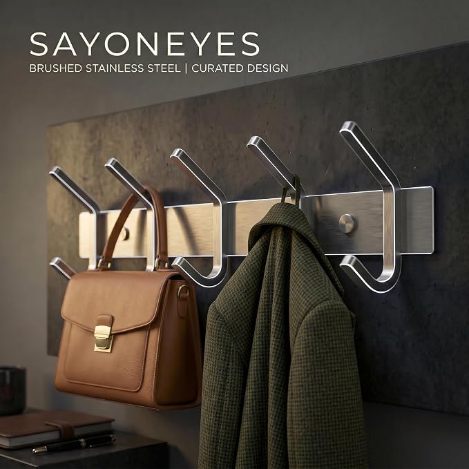 Coat Rack Wall Mount – Brushed Nickel 15 Inch Stainless Steel Hook Rail with 5 Heavy Duty Double Coat Hooks – Wall Mounted Coat Hanger for Entryway, Bathroom, Bedroom, Towel, Hat Organizer