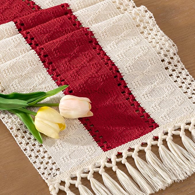 Socomi Boho Table Runner Valentine's Day Farmhouse Rustic Dining Kitchen Centerpiece Decor Small Macrame Woven Cotton Linen Coffee Table Runner for Dresser Scarf Home Decor 12x36 in Red Ivory