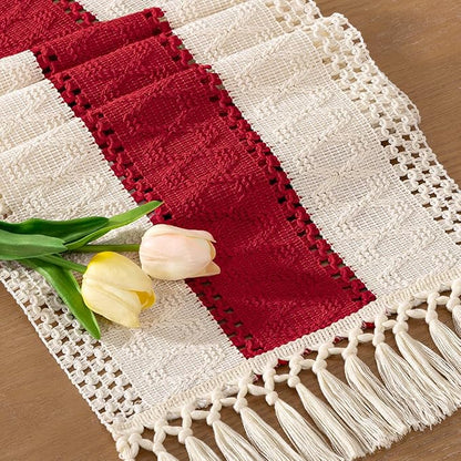 Socomi Boho Table Runner Valentine's Day Farmhouse Rustic Dining Kitchen Centerpiece Decor Small Macrame Woven Cotton Linen Coffee Table Runner for Dresser Scarf Home Decor 12x60 in Red Ivory