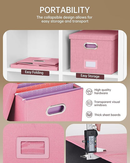 2 Pack File Storage Organizer, Filing Box, Portable File Box with Lid, Fit for Letter/Legal File Folder Storage, document organizer, New-pink