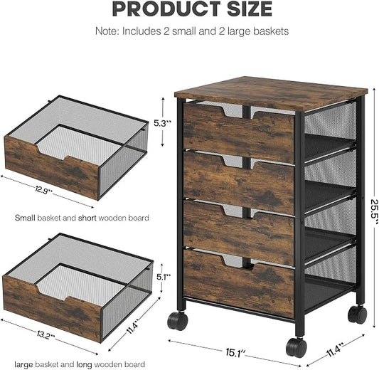 Rolling Cart with Drawers, Wooden Top and Front, with Wheels Metal Under Desk Storage Cart with 4 Drawers, for Office, Bedroom, Classroom, Home, Rustic Brown