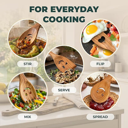 MFC 5-Piece Wooden Cooking Spoons - Kitchen Set from Natural Cherry Wood - Wooden Spoons for Cooking - Funny Utensil Set with Smiley Faces - Cooking Multipurpose Wood Utensils
