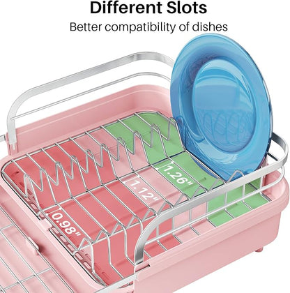 SNTD Dish Drying Rack, Expandable Dish Rack for Kitchen Counter, Stainless Steel Dish Drainer with Drainboard Set and Utensil Holder (Pink)