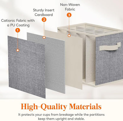 Lifewit 3 Pcs Champagne Flute Storage Box with Dividers, Stackable Cationic Hard Shell Stemware Organizer with 36 Cells, Foldable Dustproof China Containers for Moving, Light Grey