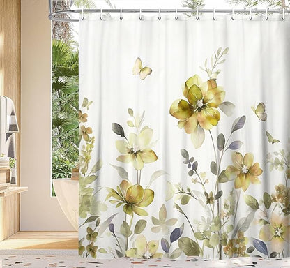 Yellow Floral Shower Curtain, Yellow Lavender Floral Butterfly Boho Shower Curtains for Bathroom, Farmhous Flower Cute Fabric Shower Curtain Set with 12PCS Hooks, 60X70IN