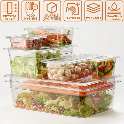 CURTA 6 Pack NSF Food Pans, 1/6 Size 2 1/2 Inch Deep, Commercial Polycarbonate Plastic Clear Freezer-Safe