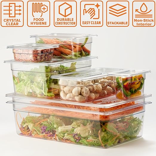 CURTA 6 Pack NSF Food Pans, 1/4 Size 6 Inch Deep, Commercial Polycarbonate Plastic Clear Freezer-Safe