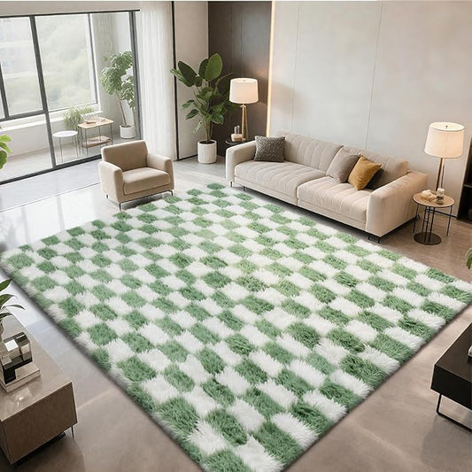 Area Rugs for Bedroom Living Room,4x6 Green and White Fluffy Soft Checkered Rug Fuzzy Shag Shaggy Carpet,Indoor Plush Floor Rugs for Teen Dorm Home Decor
