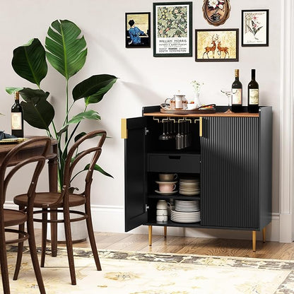 ARTPOWER Sideboard Buffet Cabinet with Fluted Texture, Modern Coffee Bar Cabinet with Wine Rack&Drawers, Black Liquor Cabinet for Kitchen Dining Room, Living Room
