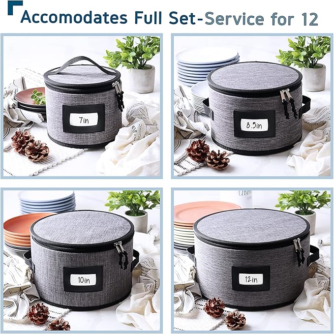 Fine China Storage Containers Hard Shell, 4 Piece Dish Storage Containers, Quilted Plate Containers, Stackable Dish Organizer with Dividers, Dinnerware Storage for Moving and Seasonal Storage, Grey