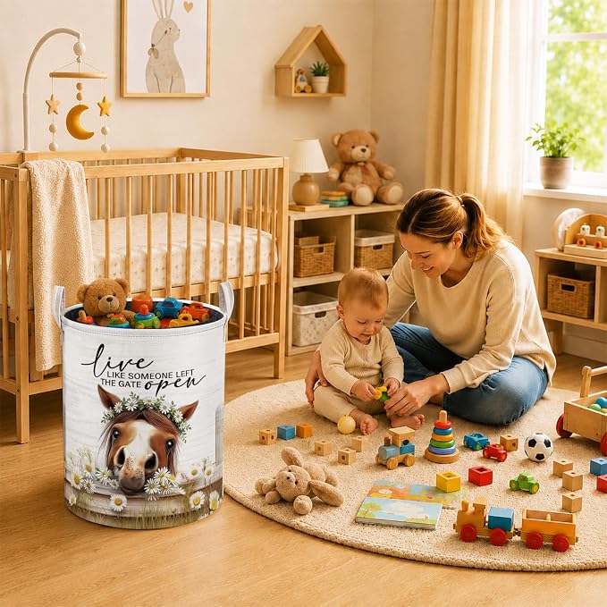 Farmhouse Daisy Floral Horse Laundry Basket, Horse Lovers Gifts Laundry Hamper Waterproof Collapsible Clothes Toys Storage Bin Organizer for Girls Room Bedroom Bathroom Home
